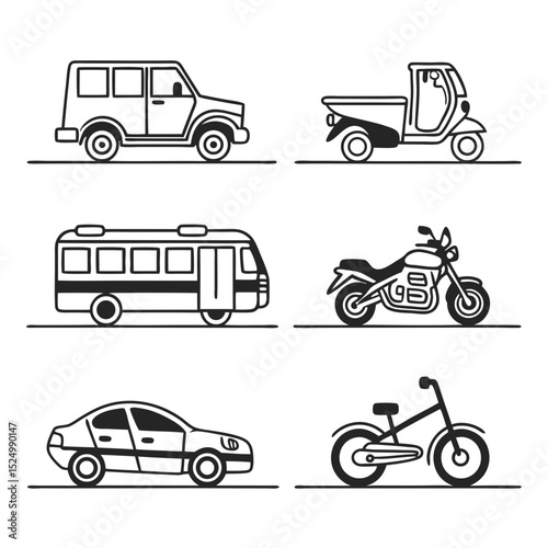 Simple line drawings of various vehicles