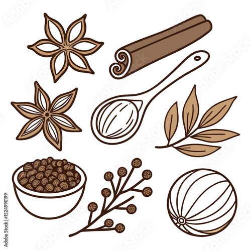 Hand drawn spices collection star anise cinnamon peppercorns