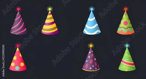 Party hats set, Birthday party hats, Colorful party hats, Cone party hats, Kids party hats, Festive hats set, Celebration hats, Party hat clipart, Party hat vector, Party hat illustration, Party hat i