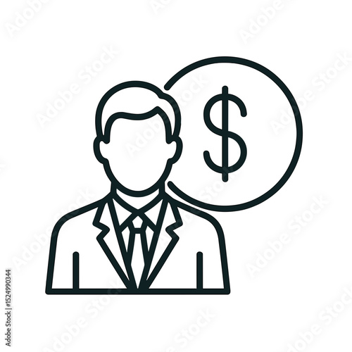 Shareholder Icon – Businessman Silhouette with Dollar Symbol Representing Company Ownership and Corporate Finance Stakeholder