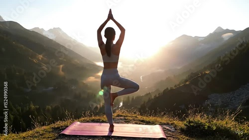 Young Woman Practicing Yoga at Sunrise on Scenic Mountain Hill in 4K