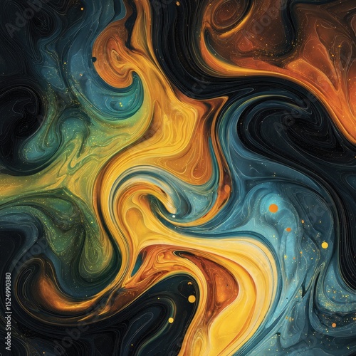 Abstract swirling colors; teal, gold, brown blend
