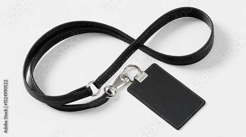 Black leather lanyard with a key chain and a black ID card. The lanyard is hanging on a white background