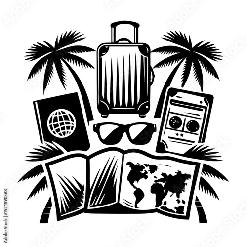 Tropical vacation travel essentials illustration