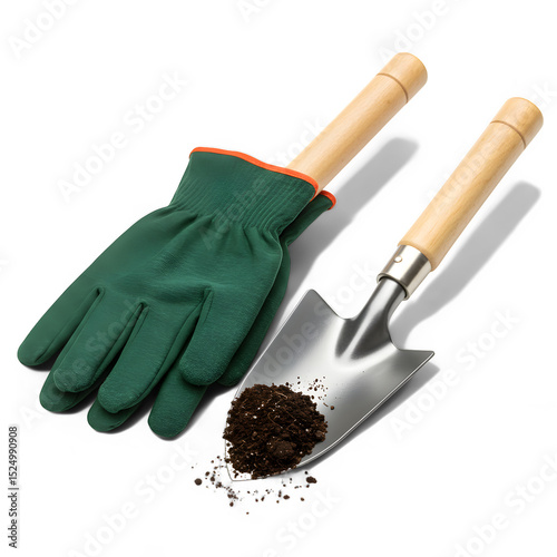 Green Gardening Gloves and Trowel with Soil, Ready for Planting and Cultivating.