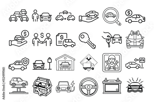 A grid of car sales and automotive services outline icons, including images of cars, people interacting, money, keys, car insurance, maintenance and repair, and parts of the automotive industry.