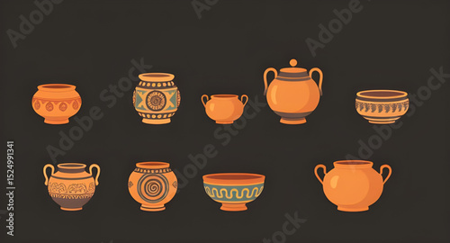 Pottery set vector, Ceramic pots illustration, Clay pottery icons, Handmade pottery clipart, Traditional pottery vector, Set of clay jars, Decorative pottery art, Pottery collection vector, Rustic pot
