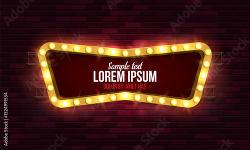 Shining retro billboard on brick wall background. Vintage bright sign board for your design. Vector illustration.