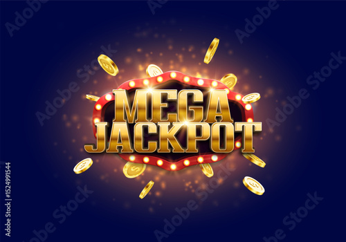 Shining sign Mega Jackpot with golden coins on a bright background. Vector illustration.