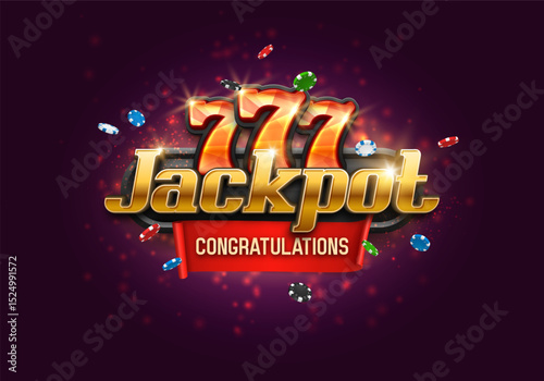 Shining sign Jackpot with lucky sevens and chips on a bright background. Vector illustration.
