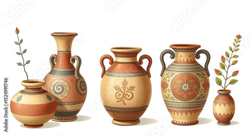 Pottery set vector, Ceramic set illustration, Clay pottery vector, Handmade pottery art, Pottery icon set, Traditional pottery vector, Earthenware set, Terracotta pot vector, Decorative pottery illust