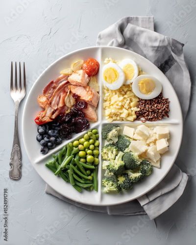 top-down view of divided plate showing portion-controlled diabetes meal