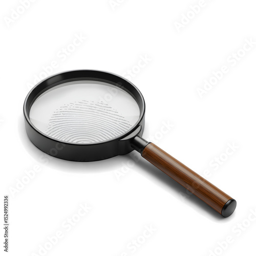 Magnifying Glass Revealing Fingerprint Detail with Wooden Handle and Black Frame