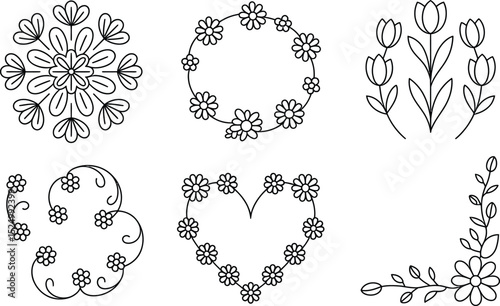 Floral elements doodle collection decorative flowers wreaths frames and borders