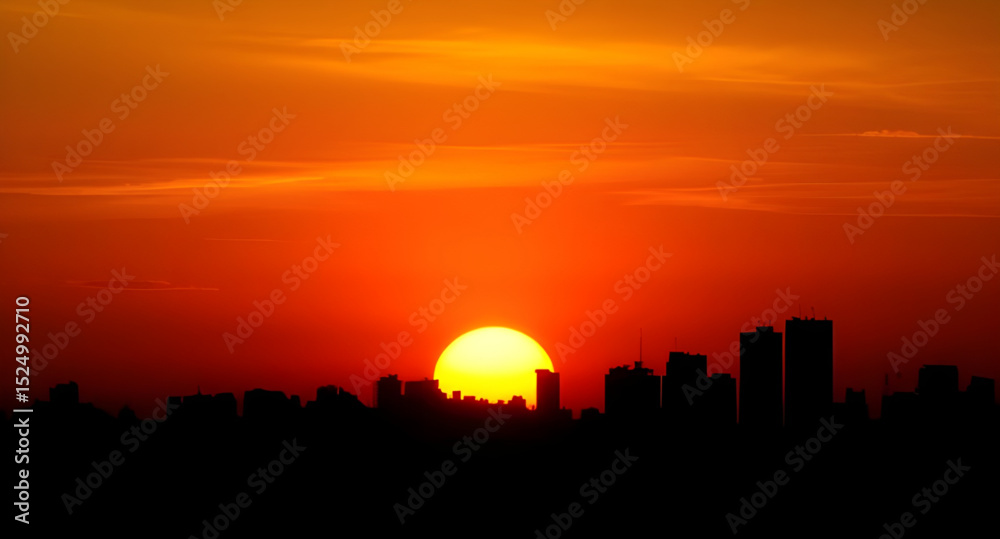Naklejka premium City at sunset, Urban sunset scene, Sunset over city, City skyline sunset, Cityscape at dusk, Golden hour city, Sunset buildings, Evening city lights, Sunset horizon city, City during twilight, Glowin