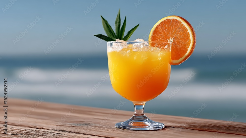 Fototapeta premium Glass of orange juice with a slice of orange on top. The glass is on a wooden table by the ocean