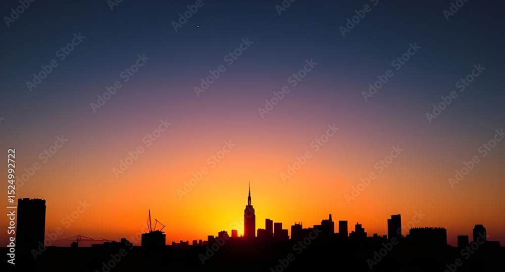 Naklejka premium City at sunset, Urban sunset scene, Sunset over city, City skyline sunset, Cityscape at dusk, Golden hour city, Sunset buildings, Evening city lights, Sunset horizon city, City during twilight, Glowin