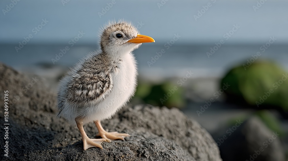 Obraz premium Baby bird is standing on a rock near the ocean. The bird is small and has a yellow beak. The scene is peaceful and serene, with the ocean in the background
