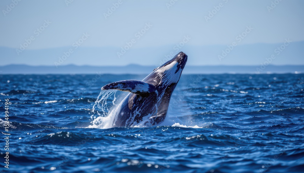 Fototapeta premium timeless whale photographed in a breaching pose in an open ocean, in a classic wildlife photography style, with deep blue tones, backlit light, high resolution