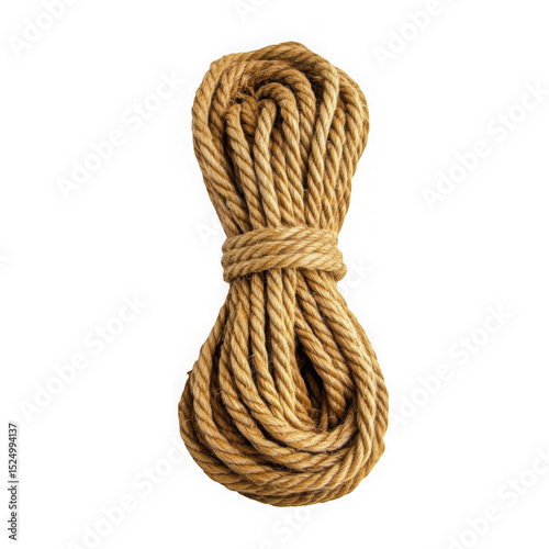 Thick brown hemp rope coil tied in the middle isolated on transparent background