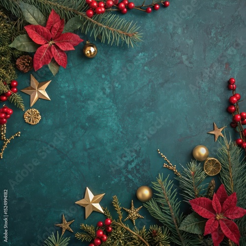 Festive christmas arrangement with poinsettias and golden ornaments