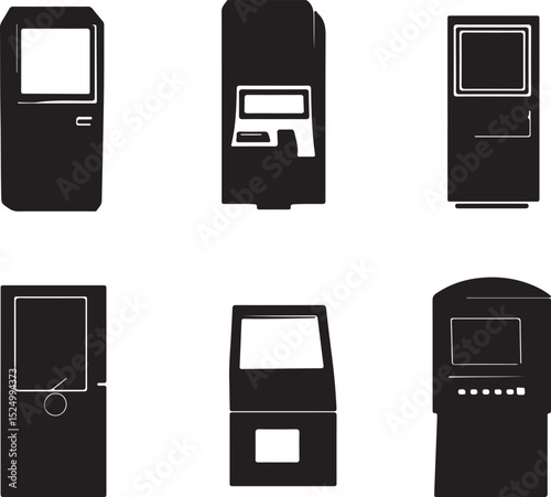 Black and White Vector Illustration of Information Kiosk Designs: Set of Six Unique Public Terminal and Interactive Digital Display Silhouettes