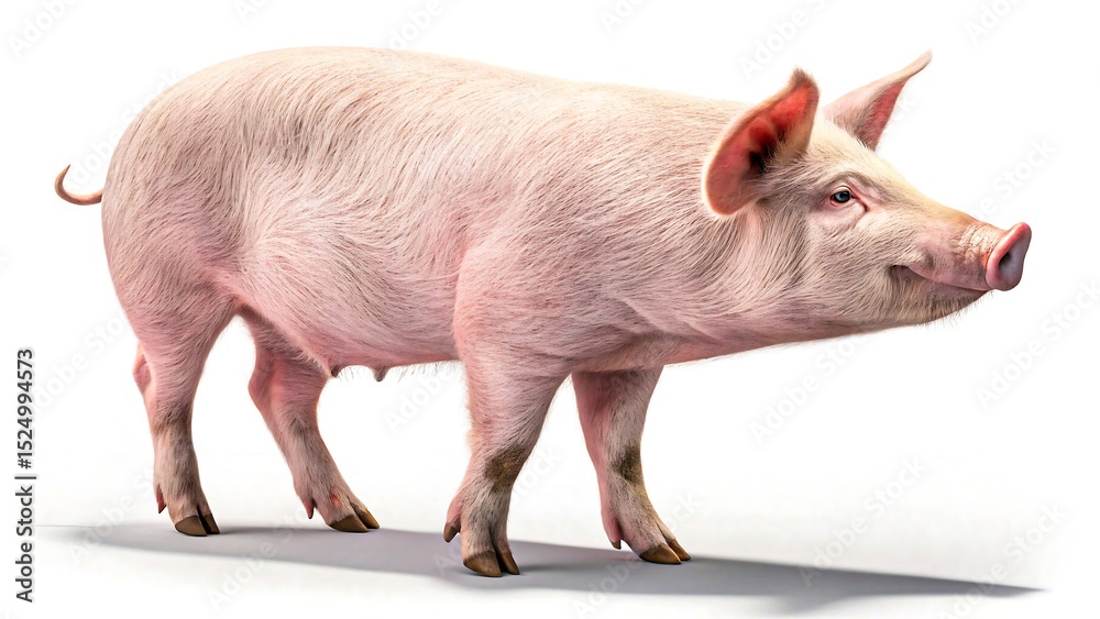 Fototapeta premium Pink domestic pig standing isolated on white background 