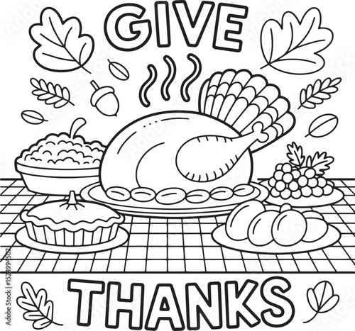 Thanksgiving Dinner Vector Illustration with Turkey Pumpkin and Festive Food Elements, Black and White Thanksgiving Food Scene for Coloring or Design Use, Thanksgiving Dinner Outline Coloring Page