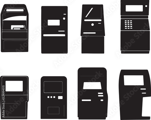 Black and White Silhouette Illustration of Various ATM Machines: Financial Technology, Banking, and Automated Teller Machines Vector Graphics