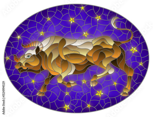 Illustration in stained glass style with an abstract  bull on the background of the night sky and stars, oval image