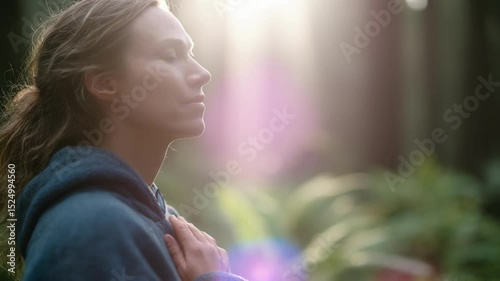 Woman breathing deeply in a forest with sunbeams
