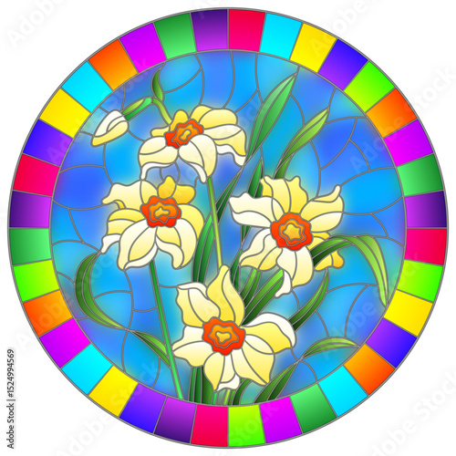 Illustration in stained glass style with yellow daffodils on blue background in bright frame, round image
