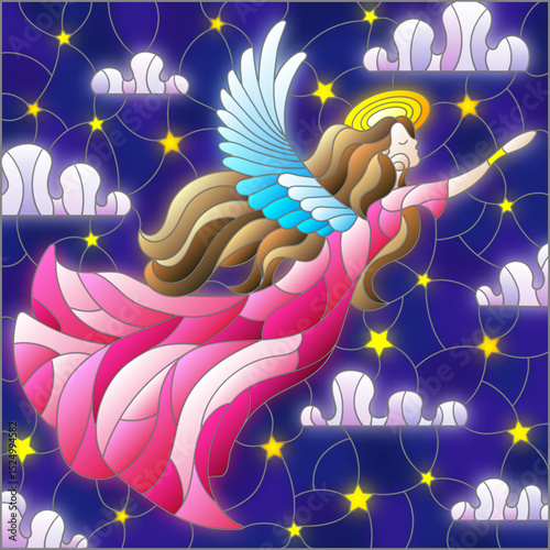 An illustration in the style of a stained glass window with an angel girl in a pink dress on the background of a starry night sky