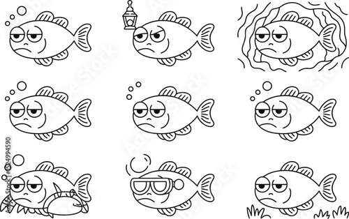 Sad cartoon fish characters in various situations outlined on white background