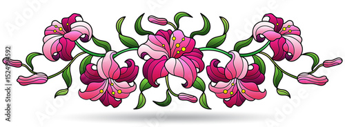 Stained glass illustration with bouquet and lilies flowers, flovers isolted on awhite background