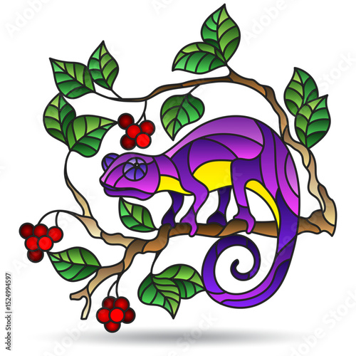 Illustration in the style of a stained glass window with bright chameleon, bright animal isolated on a white background