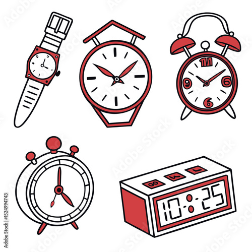 Collection of red and white clocks and wristwatch