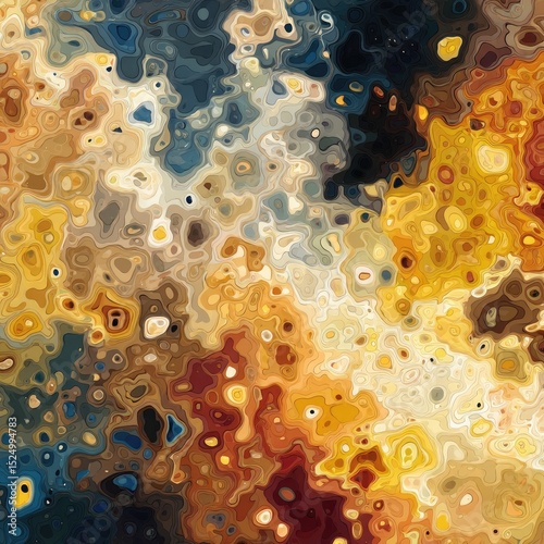 Abstract swirling pattern in warm and cool tones, featuring organic shapes and textures