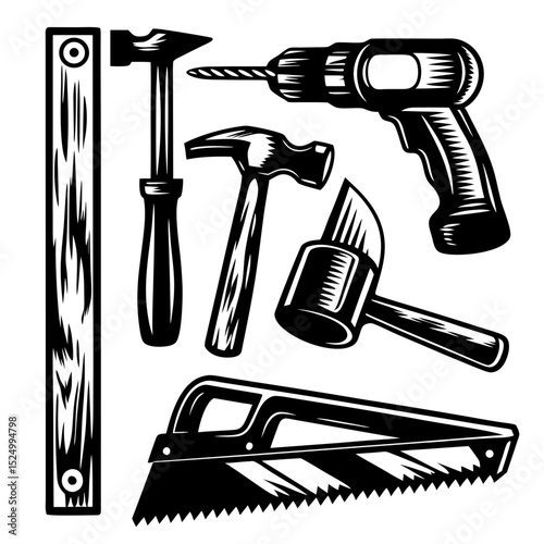 Collection of hand tools for carpentry and diy