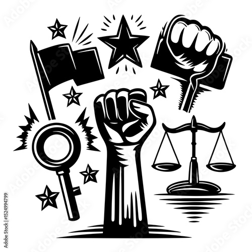 Raised fist with feminist and revolution symbols