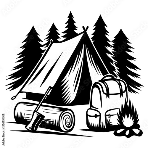 Black and white camping illustration with tent and backpack