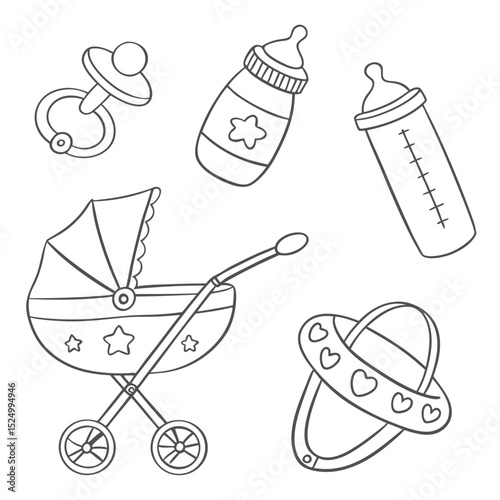 Cute baby items illustration carriage bottles and toys
