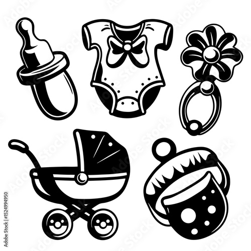 Baby items collection black and white vector graphics