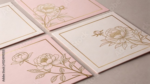 Elegant peony cards with gold border on pink and white paper