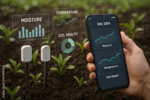 A close-up view of soil data analysis through smartphone technology, showcasing graphs and metrics for moisture, temperature, and soil health in an agricultural environment.
