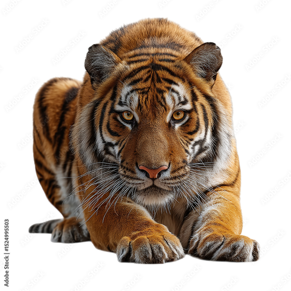 Fototapeta premium tiger crouching in stalking position, isolated on transparent background