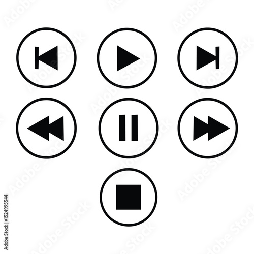 Media Player Button Set - Play, Pause, Stop, Next, and Multimedia Control Icons for Vector Illustrations