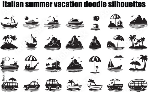 A collection of hand-drawn style silhouette icons depicting various tropical vacation scenes, including boats, islands, and vehicles.  The distinctive feature is the consistent, slightly rough, black-