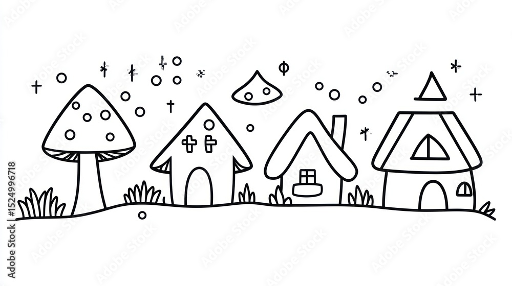 Fototapeta premium Cute cartoon drawing of a whimsical village. Simple black line art depicts mushroom houses, tiny cottages, and scattered elements like stars and clouds. A peaceful, fantastical scene