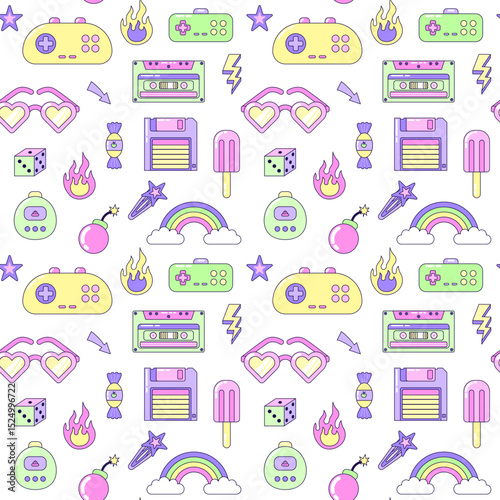 Seamless pattern with vintage Multicolored elements on white background. Retro illustration with outline in 90s style. Vector illustration.